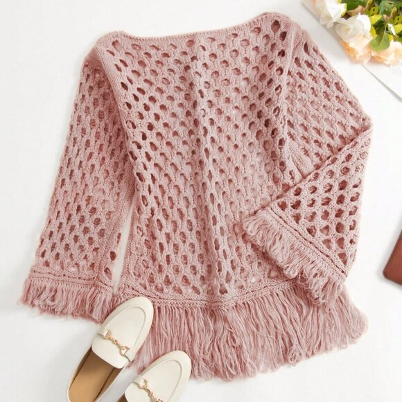 Pink Women's Sexy Elegant Knit Hollow Fringe Beach Style Dress - Picture 3 of 5